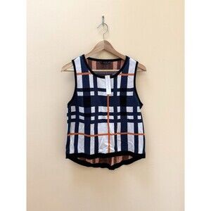 Elio Plaid Women’s Sleeveless Sweater Top Sz L White Orange Blue Black NEW